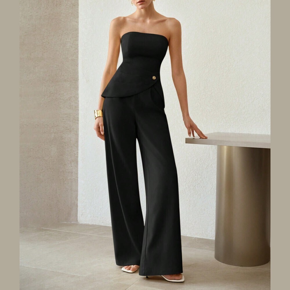Black Strapless Peplum Top and Wide Leg Trousers Pantsuit Set
